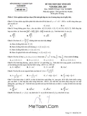 Đề thi HSG Toán 12 năm 2020 - 2021 Sở GD&ĐT Nam Định