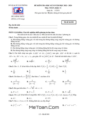 Đề cuối học kỳ 2 Toán 11 năm 2023 – 2024 trường chuyên Trần Phú – Hải Phòng