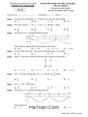 Đề thi thử Toán tốt nghiệp THPT 2021 lần 1 trường Thành Nhân - TP HCM
