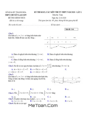Đề KSCL thi TN THPT 2020 lần 1 trường THPT chuyên Lam Sơn – Thanh Hóa mã đề 144