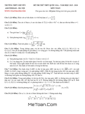Đề thi thử THPT Quốc gia 2016 môn Toán trường Chuyên Hà Nội - Amsterdam