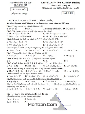 Đề Thi Giữa Kỳ 1 Toán 10 Năm 2022 - 2023 Trường THPT Quế Sơn - Quảng Nam