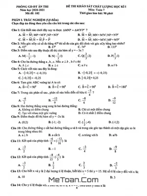 Đề thi học kỳ 1 Toán lớp 7 năm 2020 - 2021 phòng GD&ĐT Ân Thi, Hưng Yên