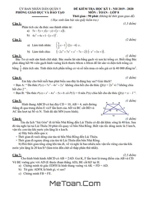 Đề thi học kỳ 1 Toán 8 năm 2019 - 2020 phòng GD&ĐT Quận 5 - TP HCM