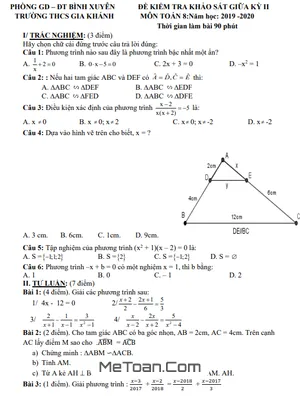 Đề khảo sát giữa kỳ 2 Toán 8 năm 2019 - 2020 trường THCS Gia Khánh - Vĩnh Phúc