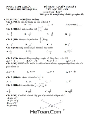 Đề thi giữa kì 1 Toán lớp 7 năm 2023 - 2024 trường TH&THCS Đại Tân - Quảng Nam