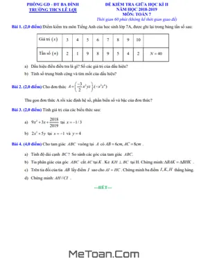 Đề Thi Giữa Kì 2 Toán 7 Năm 2018-2019 Trường THCS Lê Lợi - Hà Nội