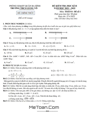 Đề Thi Học Kì 2 Toán 8 Năm 2021 - 2022 Trường THCS Giảng Võ - Hà Nội