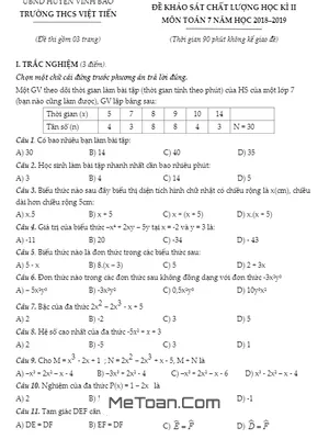 Đề khảo sát chất lượng học kì 2 môn Toán 7 năm 2018 - 2019 trường THCS Việt Tiến - Hải Phòng