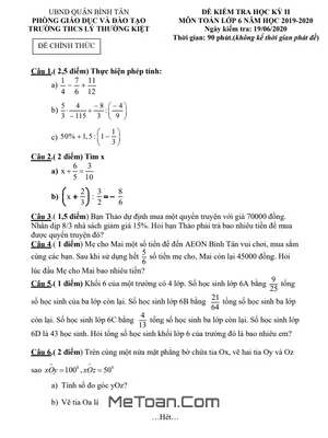 Đề thi HK2 Toán lớp 6 năm 2019 - 2020 trường THCS Lý Thường Kiệt - TP HCM