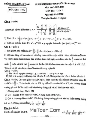 Đề thi HSG Toán 7 năm 2019 - 2020 phòng GD&ĐT Lục Nam - Bắc Giang