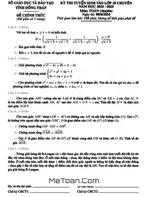 Đề Thi Tuyển Sinh Lớp 10 Chuyên Toán Năm 2024 - 2025 Sở GD&ĐT Đồng Tháp