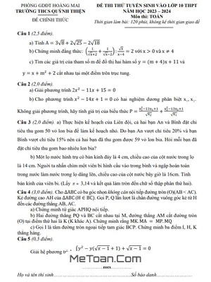 Đề thi thử Toán vào lớp 10 năm 2023 – 2024 trường THCS Quỳnh Thiện – Nghệ An