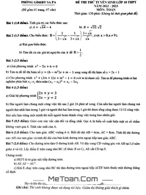 Đề thi thử Toán vào lớp 10 năm 2022 - 2023 phòng GD&ĐT Sa Pa, Lào Cai