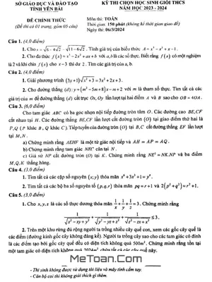 Đề thi chọn học sinh giỏi Toán THCS năm 2023 - 2024 sở GD&ĐT Yên Bái