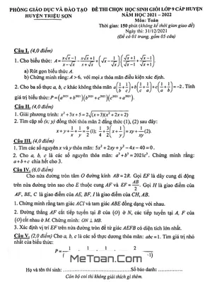 Đề thi HSG Toán 9 năm 2021 - 2022 phòng GD&ĐT Triệu Sơn, Thanh Hóa