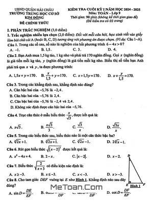 Đề thi cuối kỳ 1 Toán 9 năm 2024 - 2025 trường THCS Kim Đồng - Đà Nẵng