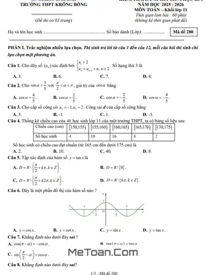 Đề Thi Giữa Học Kì 1 Môn Toán Lớp 11 Năm Học 2025 - 2026 Trường THPT Krông Bông, Đắk Lắk