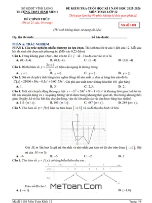 Đề Thi Học Kỳ 1 Toán 12 Năm 2025 - 2026 Trường THPT Bình Minh, Vĩnh Long