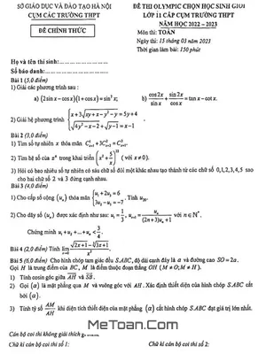 Đề thi Olympic Toán 11 năm 2022 - 2023 cụm các trường THPT - Hà Nội