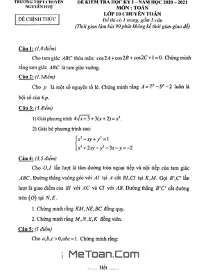 Đề thi HK1 Toán 10 (chuyên Toán) năm 2020 - 2021 trường chuyên Nguyễn Huệ - Hà Nội