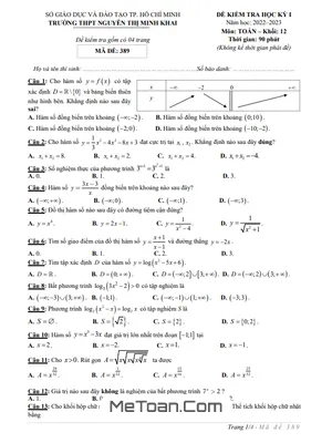 Đề học kỳ 1 Toán 12 năm 2022 – 2023 trường THPT Nguyễn Thị Minh Khai – TP HCM