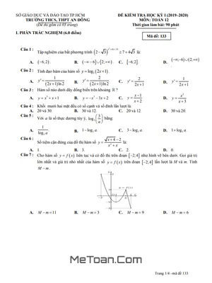 Đề thi học kì 1 Toán 12 năm 2019 - 2020 trường THPT An Đông - TP.HCM (có lời giải)