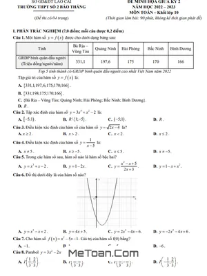 Đề minh họa giữa kỳ 2 Toán 10 năm 2022 – 2023 trường THPT Bảo Thắng 2 – Lào Cai
