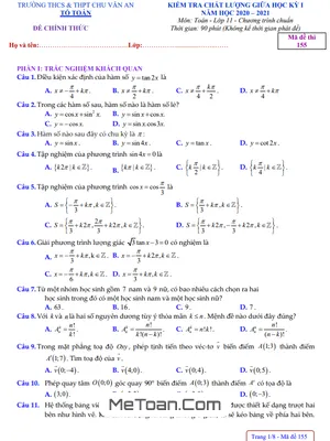 Đề thi giữa HK1 Toán 11 năm 2020 - 2021 trường Chu Văn An - Phú Yên