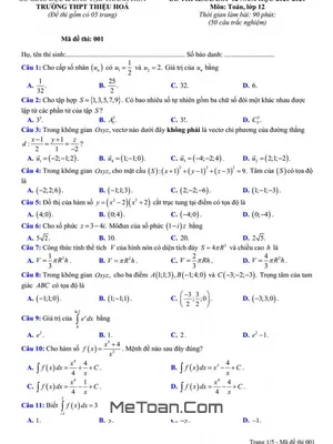 Đề khảo sát Toán 12 năm 2020 - 2021 trường THPT Thiệu Hóa - Thanh Hóa