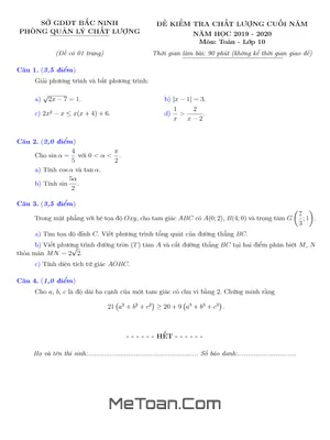 Đề kiểm tra chất lượng Toán 10 cuối năm học 2019 - 2020 Sở GD&ĐT Bắc Ninh