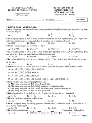 Đề thi học kì 1 Toán lớp 11 năm 2021 - 2022 trường THPT Đoàn Thượng - Hải Dương