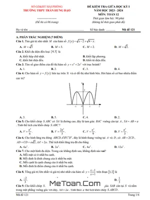 Đề Thi Giữa Kỳ 1 Toán 12 Năm 2023 - 2024 Trường THPT Trần Hưng Đạo - Hải Phòng