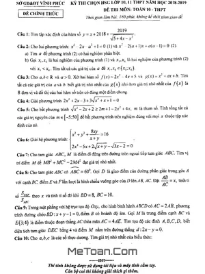 Đề thi chọn HSG Toán 10 THPT năm học 2018 - 2019 sở GD&ĐT Vĩnh Phúc