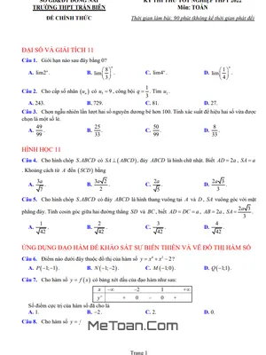 Đề thi thử tốt nghiệp THPT 2022 môn Toán trường THPT Trấn Biên - Đồng Nai