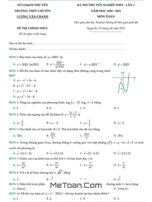 Đề thi thử Toán TNTHPT 2021 lần 1 trường chuyên Lương Văn Chánh – Phú Yên