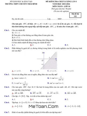 Đề Kiểm Tra Chất Lượng Lần 1 Toán 10 Năm 2023 - 2024 Trường THPT Chuyên Thái Bình