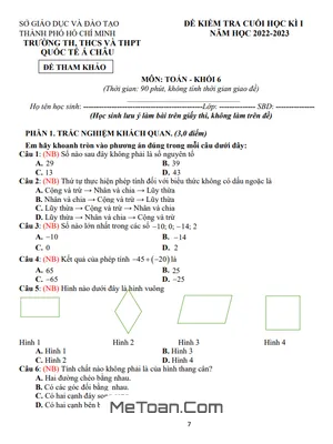 Đề Tham Khảo Cuối Kỳ 1 Toán 6 Năm 2022 - 2023 Trường Quốc Tế Á Châu - TP HCM