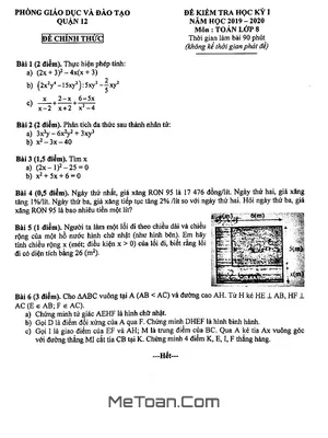 Đề thi học kỳ 1 Toán lớp 8 năm 2019 - 2020 phòng GD&ĐT Quận 12 - TP HCM