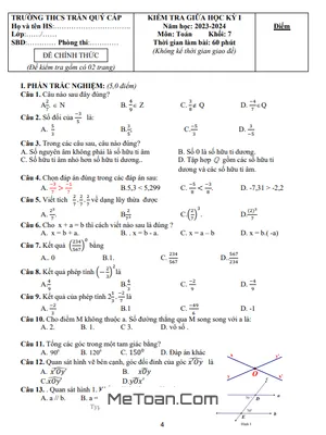 Đề Thi Giữa Kỳ 1 Toán 7 Năm 2023 - 2024 Trường THCS Trần Quý Cáp - Quảng Nam