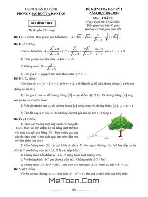 Đề kiểm tra học kỳ 1 Toán 9 năm 2022 – 2023 phòng GD&ĐT Ba Đình – Hà Nội