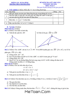 Đề thi giữa kì 2 Toán 7 năm 2015-2016 trường THCS Thành Công - Hà Nội