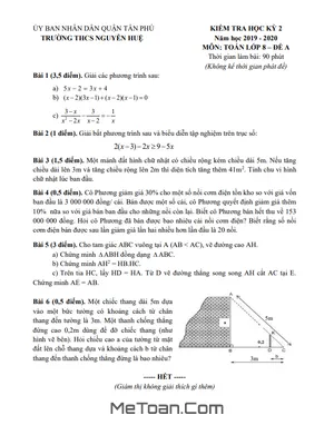 Đề thi học kì 2 Toán 8 năm 2019 - 2020 trường THCS Nguyễn Huệ - TP.HCM
