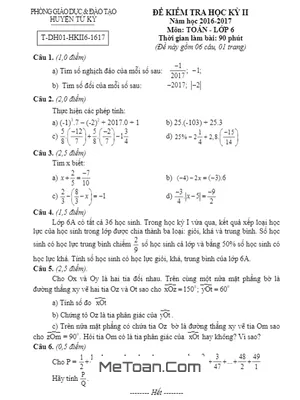Đề thi HK2 Toán lớp 6 năm 2016 - 2017 phòng GD&ĐT Tứ Kỳ - Hải Dương