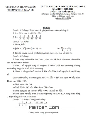 Đề khảo sát HSG Toán 6 lần 2 năm 2023 - 2024 trường THCS Xuân Lẹ - Thanh Hóa