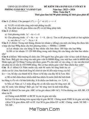 Đề tham khảo cuối kỳ 2 Toán 9 năm 2023 - 2024 phòng GD&ĐT Bình Tân - TP HCM