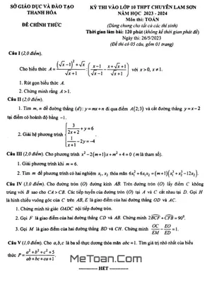 Đề thi vào lớp 10 môn Toán (chung) trường chuyên Lam Sơn - Thanh Hóa năm 2023 - 2024