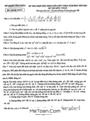 Đề thi học sinh giỏi Toán 9 năm 2023 - 2024 sở GD&ĐT Vĩnh Phúc