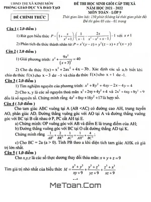 Đề thi HSG Toán 9 cấp thị xã năm 2021 - 2022 phòng GD&ĐT Kinh Môn - Hải Dương