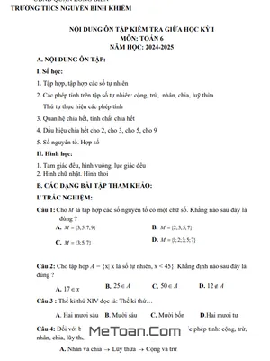 Đề cương ôn tập giữa kì 1 Toán 6 năm học 2024 - 2025 trường THCS Nguyễn Bỉnh Khiêm - Hà Nội